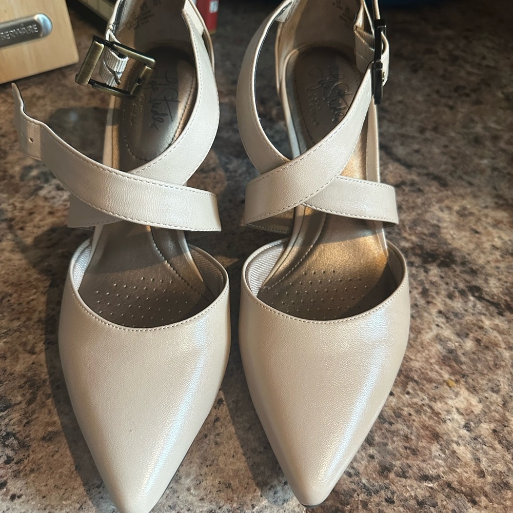 Life Stride Cream Strappy Pointed-Toe Heels